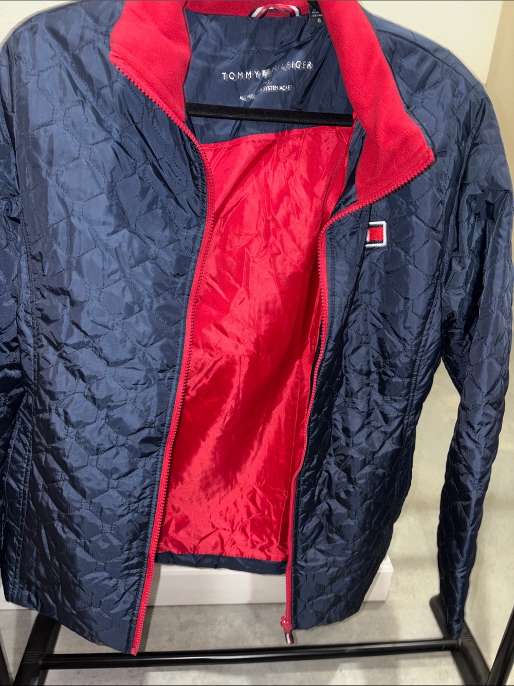 Tommy Hilfiger Navy Quilted Bomber Jacket with Red Lining
